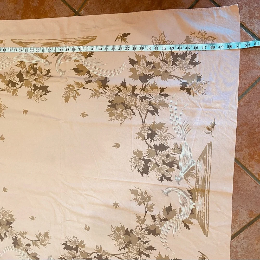 Vintage Peach Table Cloth Gold Brown Maple Leaves & Pheasants 50X48 MCM Square